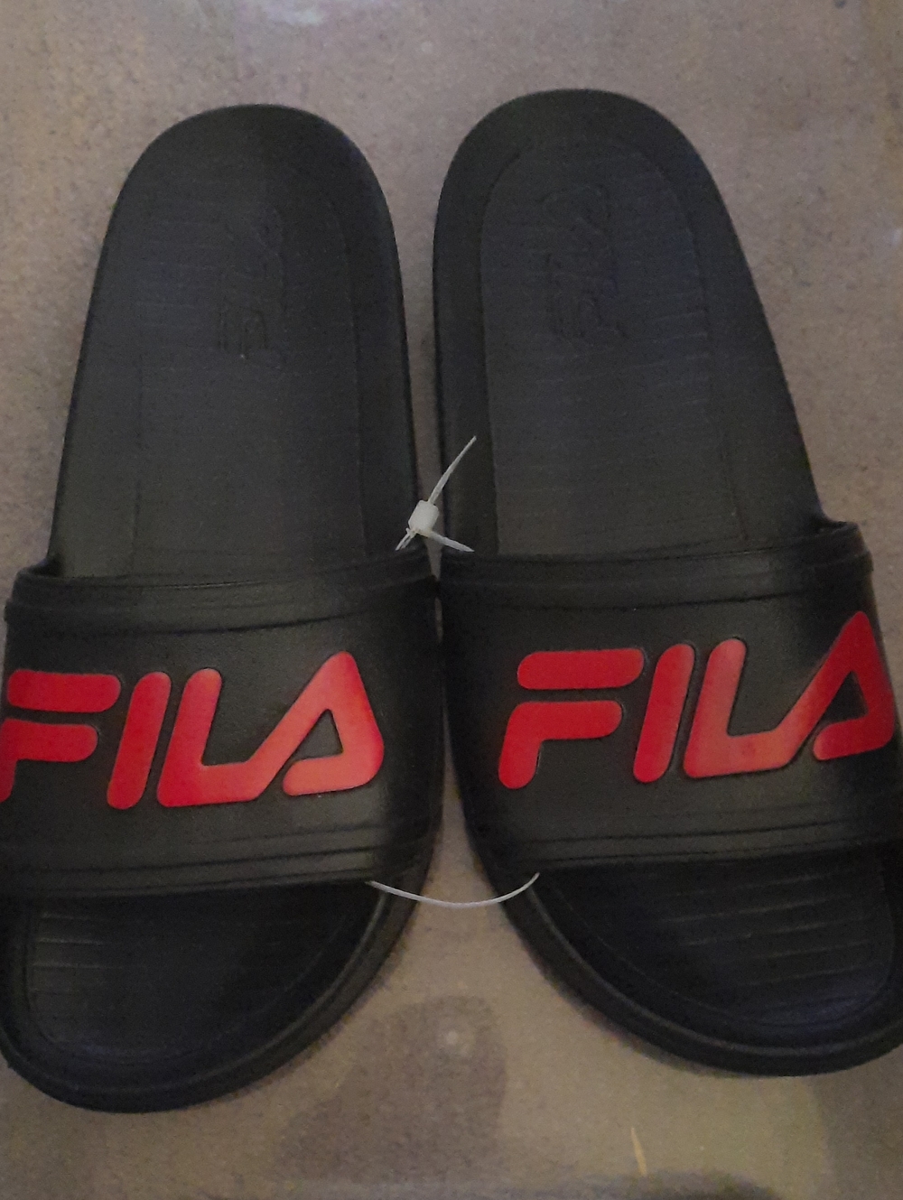 381 Fila Black Slide Sandals with Red Logo Strap